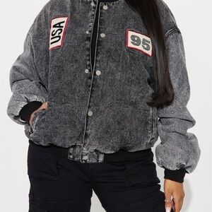 Fashion Nova Charcoal Bomber Jacket with Patches